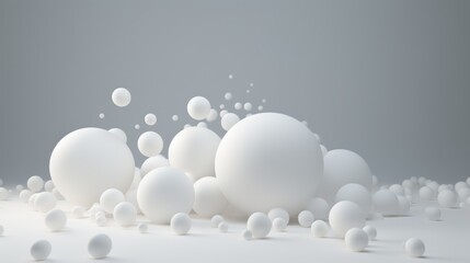 A variety of small and large white balls, matte spheres in motion on a gray background with copy space.