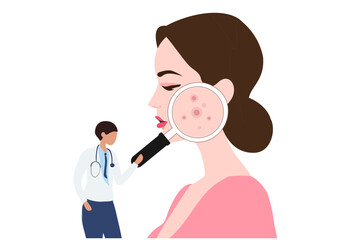 Dermatologist checking young woman face with skin acne, pimples, blackheads vector illustration. Acne skin face problem concept