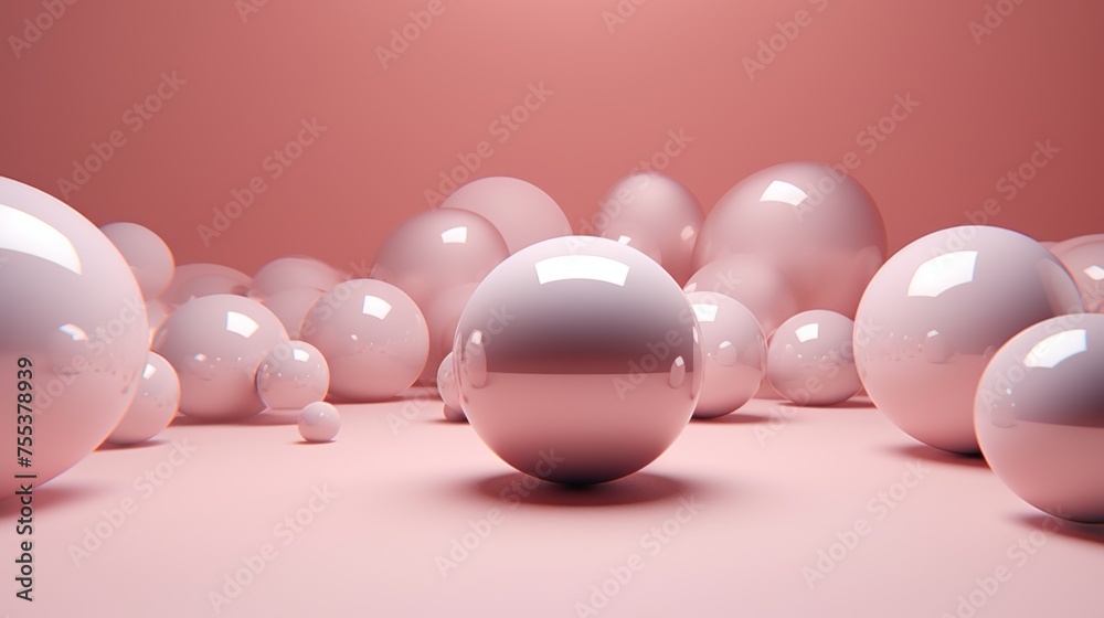 Poster a variety of small and large shiny pink balls, spheres in motion on a powdery background with copy s