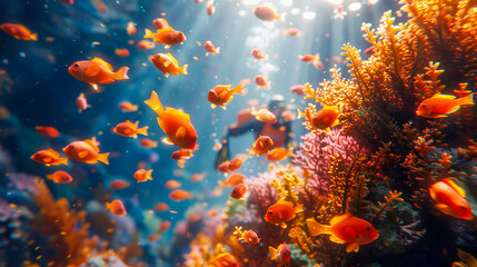 Fototapeta na wymiar Beautiful underwater world with corals and tropical fish swimming in the sea and scuba diver
