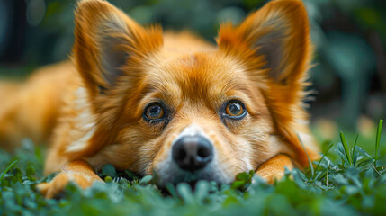 Dog lying on the grass and looking at the camera