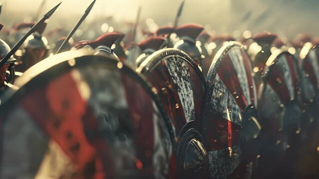 A group of Hoplites form a tight formation their shields overlapping to create an imtrable wall. Behind them the redandwhite striped Spartan flag flutters in the wind.