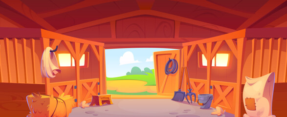 Empty horse stable interior design. Vector cartoon illustration of farm inside wooden barn, hay stacks, old barrel, pitchfork and shovel instruments, metal bucket, fabric sack, summer landscape view © klyaksun