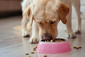 Cute labrador eating dry food from bowl.