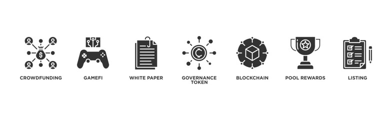 IGO banner web icon illustration concept of initial game offering with icon of crowdfunding, gamefi, white paper, governance token, blockchain, pool rewards and listing