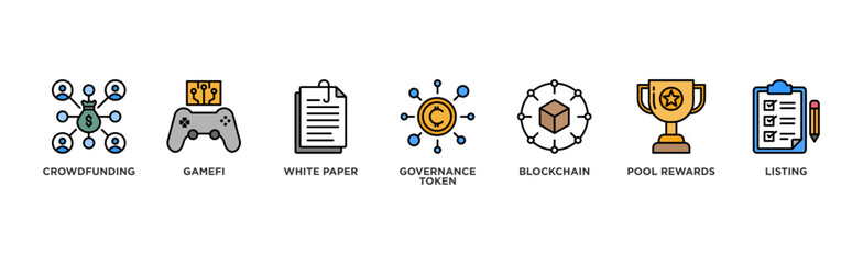 Obraz premium IGO banner web icon illustration concept of initial game offering with icon of crowdfunding, gamefi, white paper, governance token, blockchain, pool rewards and listing