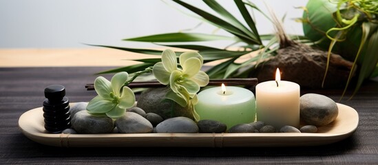 A tray holds candles emitting a sea breeze scent, set on a table with decorative rocks. The candles create a cozy ambiance for a relaxing atmosphere.