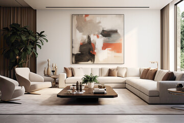 An effortlessly stylish living area with a minimalist vibe, characterized by a subdued color scheme and occasional pops of bold, contemporary art - obrazy, fototapety, plakaty