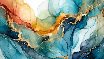 abstract watercolor background with heart, Marble ink abstract art background. Luxury abstract fluid art painting in alcohol ink technique, mixture of blue, orange and gold paints - obrazy, fototapety, plakaty