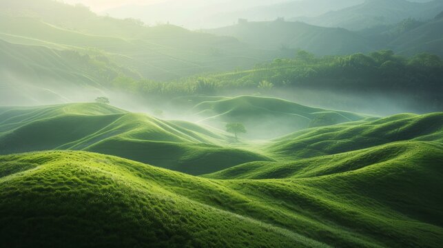 A captivating portrayal of green hills in the fresh morning sun, using a double exposure technique to add a layer of mystical depth The image showcases the vivid green hues and the, AI Generative
