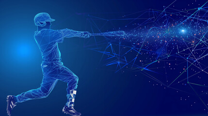 Blue Wireframe Baseball Player Hitting A Home Run with Mesh Background for High Resolution Wallpaper