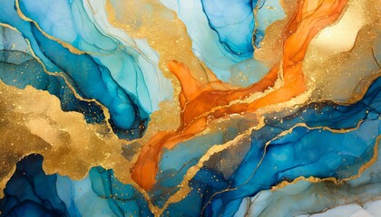 blue and yellow watercolor, Marble ink abstract art background. Luxury abstract fluid art painting in alcohol ink technique, mixture of blue, orange and gold paints - obrazy, fototapety, plakaty