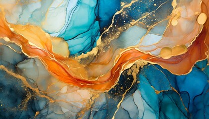 abstract watercolor painting, Marble ink abstract art background. Luxury abstract fluid art painting in alcohol ink technique, mixture of blue, orange and gold paints - obrazy, fototapety, plakaty