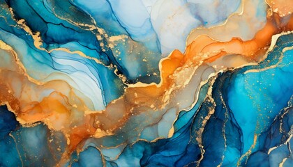 Marble ink abstract art background. Luxury abstract fluid art painting in alcohol ink technique, mixture of blue, orange and gold paints - obrazy, fototapety, plakaty