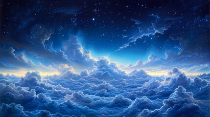 billowing clouds at night, rich texture visible against a deep blue celestial backdrop, stars scattered like diamonds, clouds catching the faint moonlight, AI Generative - obrazy, fototapety, plakaty