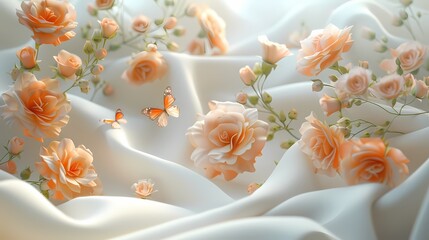 Digital roses and butterflies are shown on white silk abstract graphics poster web page PPT background with generative