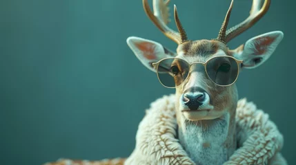 Gartenposter Deer with flair, suited in hipster style, sunglasses on, boss of Christmas, pastel teal green elegance, holiday creativity unleashed, AI Generative © sorapop