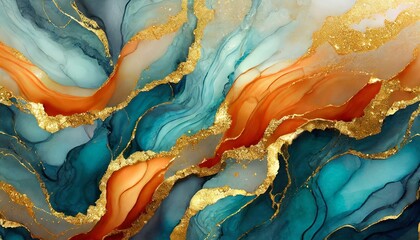 abstract watercolor background, Marble ink abstract art background. Luxury abstract fluid art painting in alcohol ink technique, mixture of blue, orange and gold paints - obrazy, fototapety, plakaty