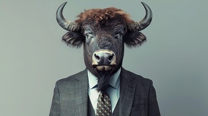 Boardroom meets barnyard: A suave buffalo in business attire! - obrazy, fototapety, plakaty