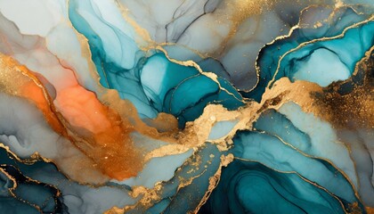 Marble ink abstract art background. Luxury abstract fluid art painting in alcohol ink technique, mixture of blue, orange and gold paints - obrazy, fototapety, plakaty