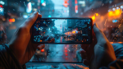 Hands of a man playing video games on a smartphone in the rain. AI.