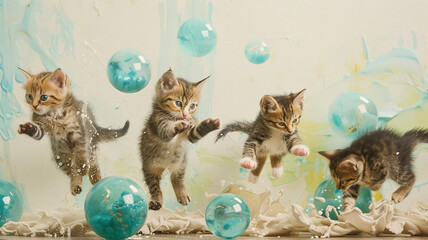 Four kittens chasing each other amidst vibrant aquamarine balls on an ivory backdrop.