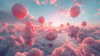 Dreamy landscape of balloons in the sky, surreal 3D scenery in pink and aquamarine, a visual escape, AI Generative