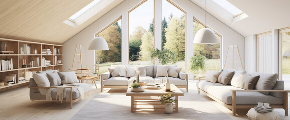 An airy Scandinavian living room with a vaulted ceiling, adorned with pendant lights, and a combination of light wood and neutral tones in the decor.