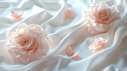 Fototapeta premium Digital roses and butterflies are shown on white silk abstract graphics poster web page PPT background with generative