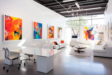 An airy office area adorned with minimalist artwork on crisp white walls, complemented by playful splashes of primary colors in furniture and decor.