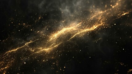 a black background with a gold streak of light, in the style of cosmic themes, rough clusters, empty space, nightscape, birds-eye-view, AI Generative