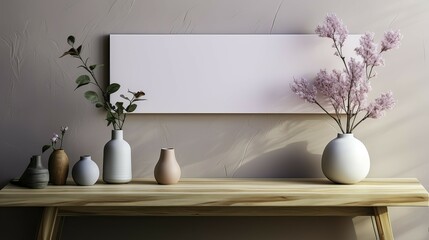 Flowers in vases on a wooden shelf and a white frame on the wall 3d rendering