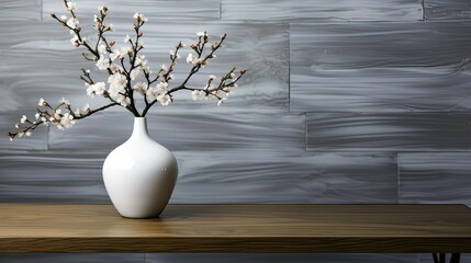 White vase with blooming branches on wooden table over marble background
