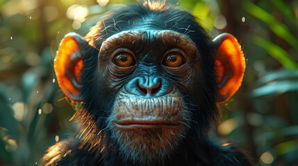 hybrid monkey portrait, blend of chimpanzee and bonobo traits, expressive eyes, jungle background, photorealistic, contemplative, dappled sunlight, AI Generative - obrazy, fototapety, plakaty
