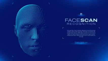 Poster Face ID Scan Recognition AI. Artificial Intelligence Concept. Abstract Digital Particles Human Face. Robotics Concept. Wireframe Head Science Fiction Concept. Vector Illustration. Deep Learning Art. © ec0de