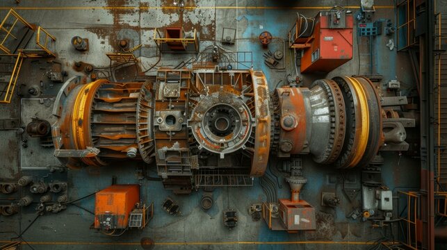 Inside the turbine shop at an energy power generation station, showcasing a disassembled turbine laid out for repair and inspection, AI Generative