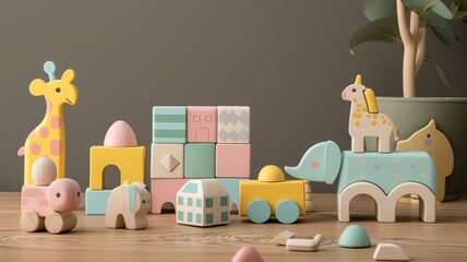 A set of wooden DIY toys in soft pastel colors, specially designed for children under 5 years old. The toys include simple shapes and figures, AI Generative