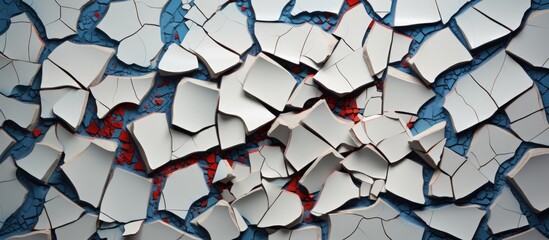 The image shows a close-up view of a broken wall made of ceramic tiles. The wall is covered in blue and red paint, with cracks and chips visible throughout.