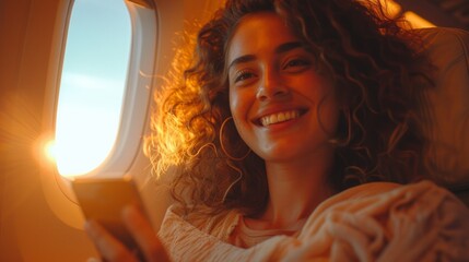 modern woman smiling holding phone and looking over the seat in interior airplane, GOL AIRLINES sun inside the window, AI Generative - obrazy, fototapety, plakaty