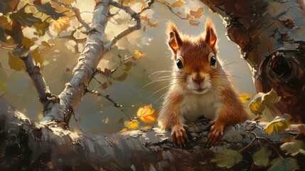 playful red squirrel, peeking tree trunk, lush greenery, enchanting, focused detail, warm morning light, AI Generative