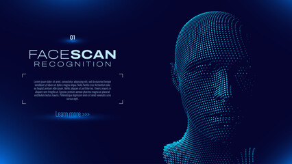 Face ID Scan Recognition AI. Artificial Intelligence Concept. Abstract Digital Particles Human Face. Robotics Concept. Wireframe Head Science Fiction Concept. Vector Illustration. Deep Learning Art. - obrazy, fototapety, plakaty