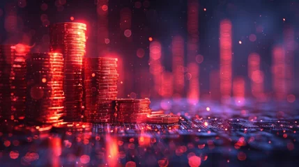 Photo sur Plexiglas Anti-reflet Aubergine stock market graph with ascending coins, finance symbol, investment growth, currency exchange, blue backdrop, visual finance concept, dynamic lighting AI Generative