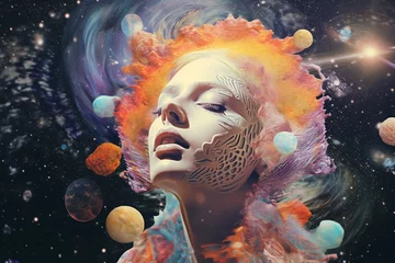 Tafelkleed Abstract fine-art and pop-art illustration colorful collage of woman in surreal and abstract cosmic background. Surreal and minimalist looking illustrative art with many details and patterns © Rytis