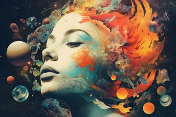 Foto op Plexiglas Abstract fine-art and pop-art illustration colorful collage of woman in surreal and abstract cosmic background. Surreal and minimalist looking illustrative art with many details and patterns © Rytis