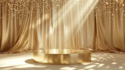 Gold luxury fabric backdrop with spotlight for product display. AI Generative.