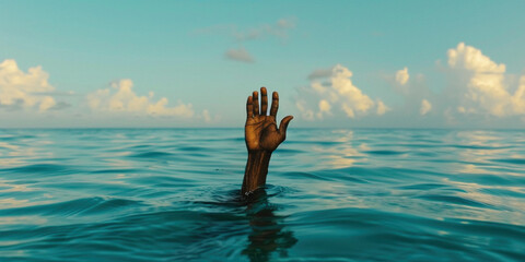 Drowning sinking African American man in sea problems water asking for help with raised arm. Trapped emotions depicted or work overpressure human in danger natural disaster sos concept - obrazy, fototapety, plakaty