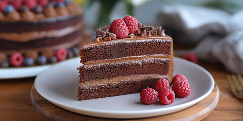 Slice of chocolate cake dessert with raspberry and chocolate cream