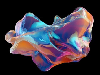 Obraz premium Bold holographic liquid metal shape. 3D Holographic Neon Fluid Waves. Iridescent chrome melted bubble drop