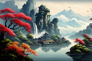 a landscape painting, Chinese style, mood landscape painting - obrazy, fototapety, plakaty