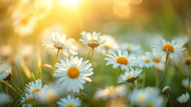 Sun lit spring meadow with many daisy flowers blooming, shallow depth of field photo, only few petals in focus, ultra sharp, super realistic, AI Generative
